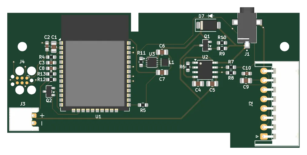 Top side of the 2.0 board, with RGB status LEDs and a 5 V barrel jack for charging.