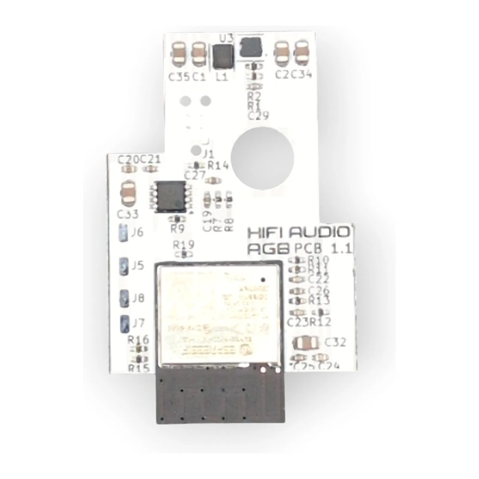 Main board, top. ESP32-PICO-MINI-02, boost converter, speaker amp.