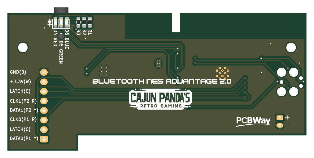 Bluetooth NES Advantage 2.0 PCB, bottom-side render